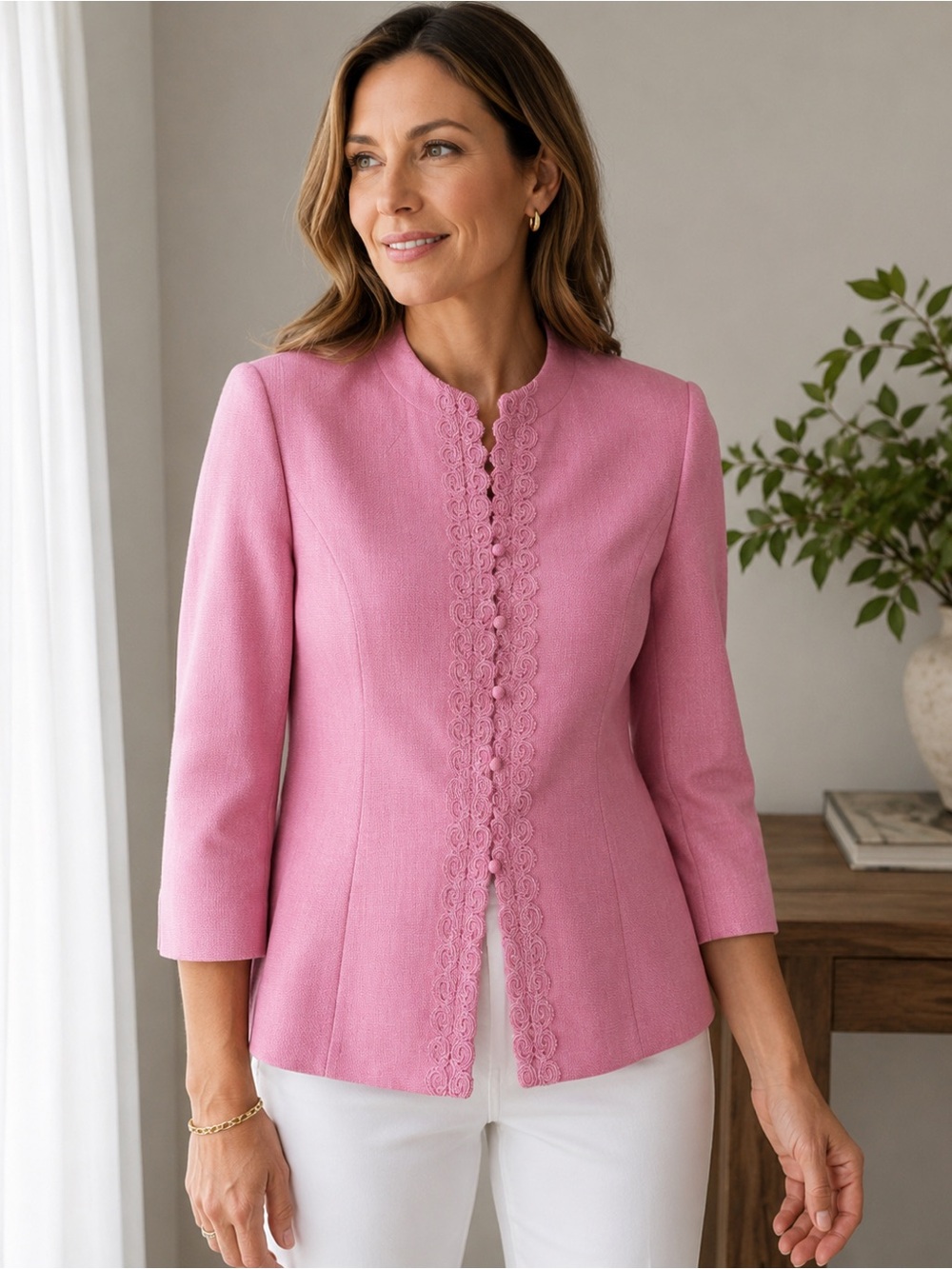 Vintage Koret Pink Blazer Jacket Lace Trim Covered Buttons Frog‎ Closure Size 16